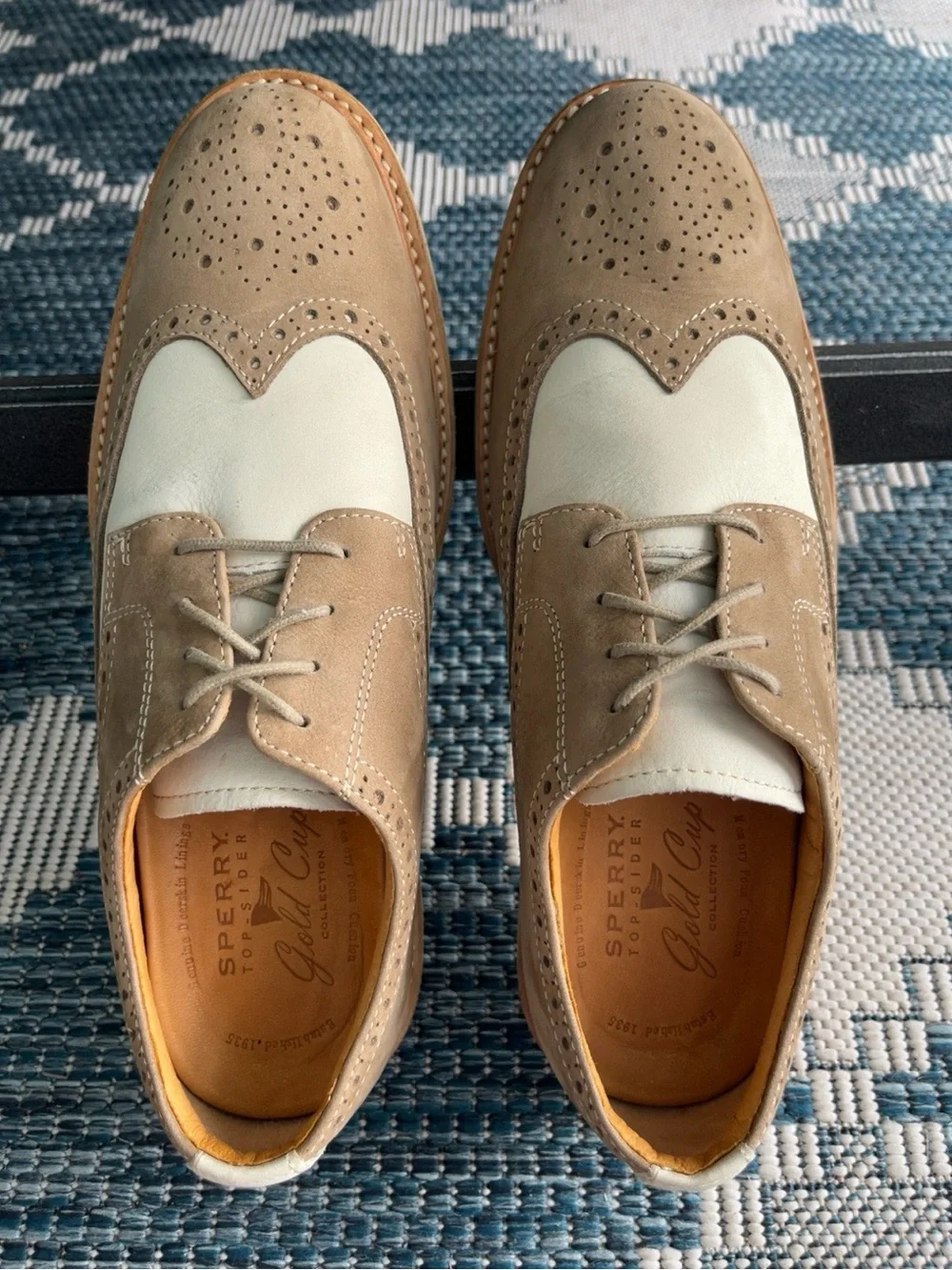 Sperry Gold Cup Spectator Saddle Oxford Wingtip Men’s 9M Suede Leather Tan Cream